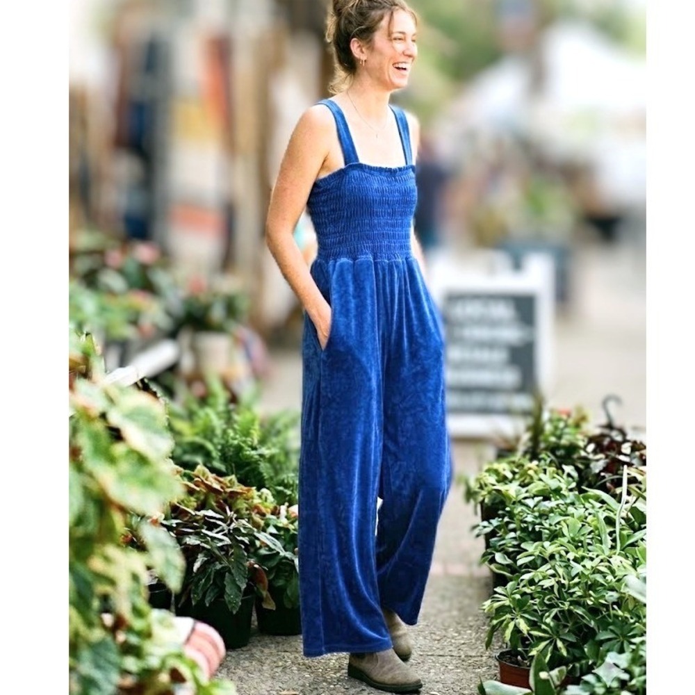 M Juicy Couture Heritage Smocked Velour Jumpsuit Regal Blue Pockets Coquette